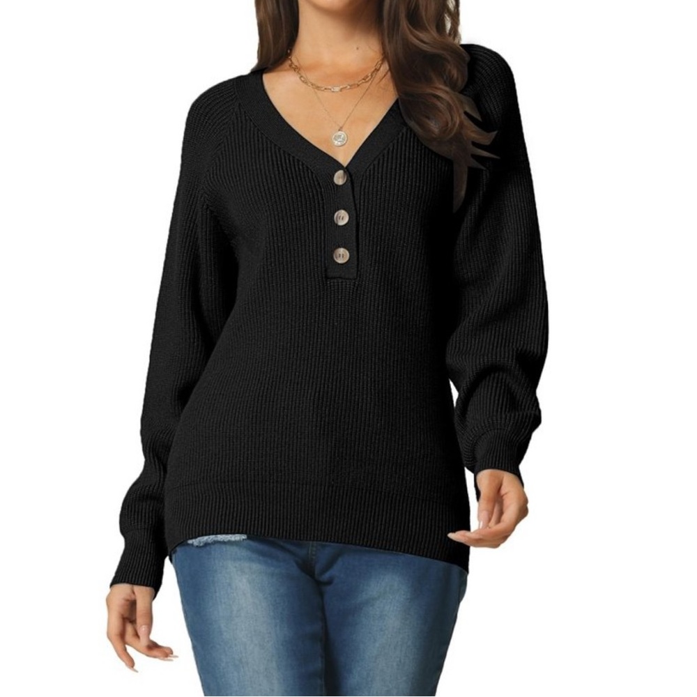 Seta T Black V-Neck Sweater with Button Detail